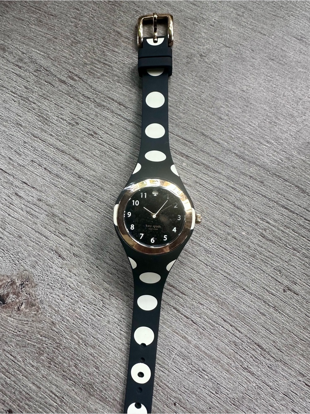 kate spade Black and White Polka Dot Silicone Watch with Gold Bezel